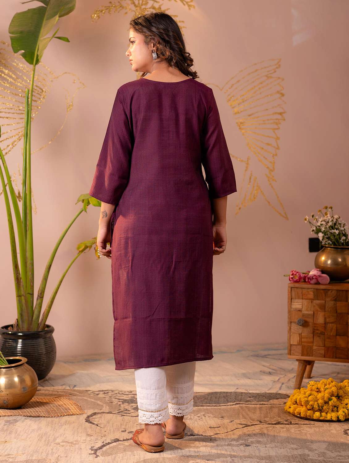 women solid with work three quarter sleeve straight kurta - 22316855 -  Standard Image - 2