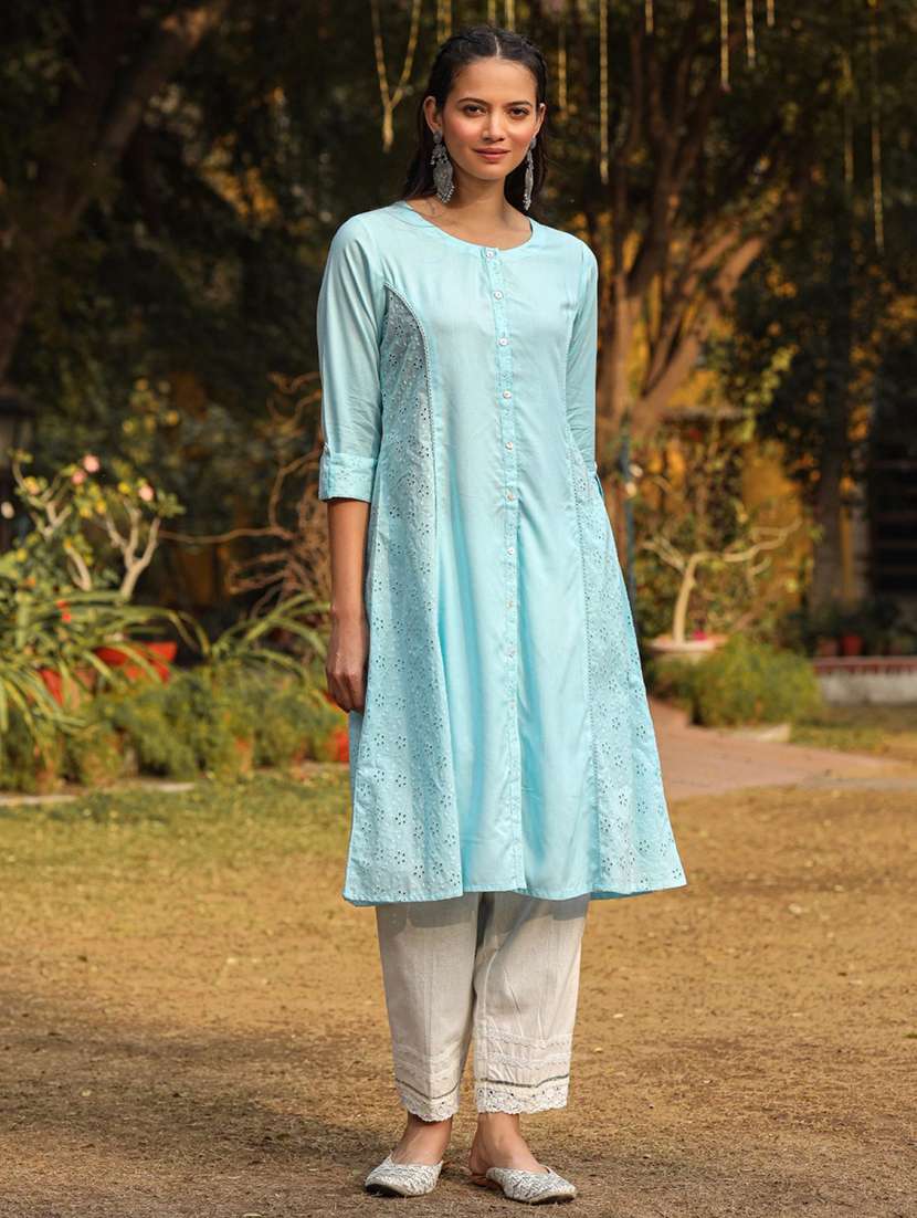 women blue schiffli embroidered a-line rayon kurta - 22316858 -  Standard Image - 2