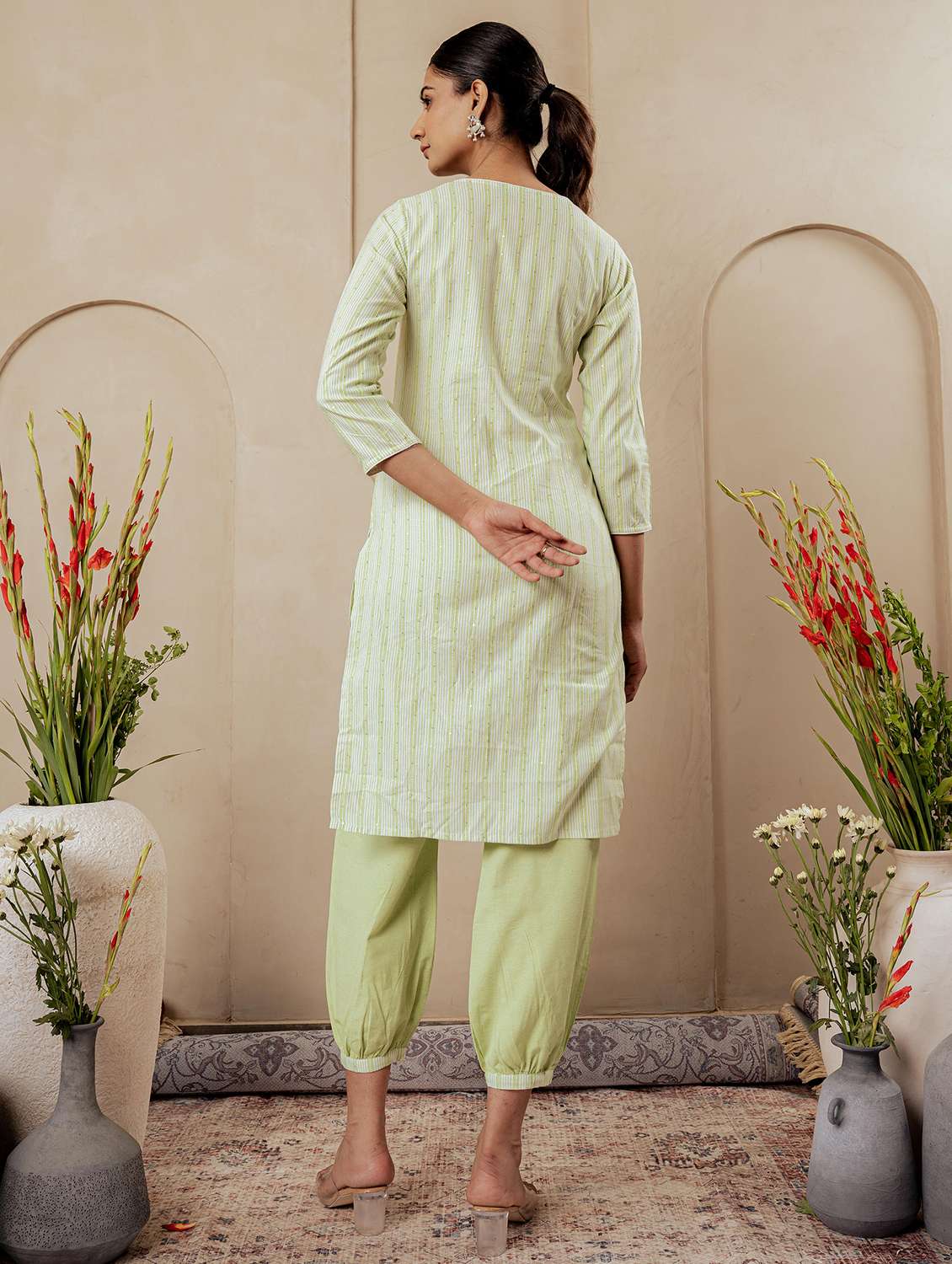 women striped three quarter sleeve dhoti kurta with dupatta set - 22316859 -  Standard Image - 2