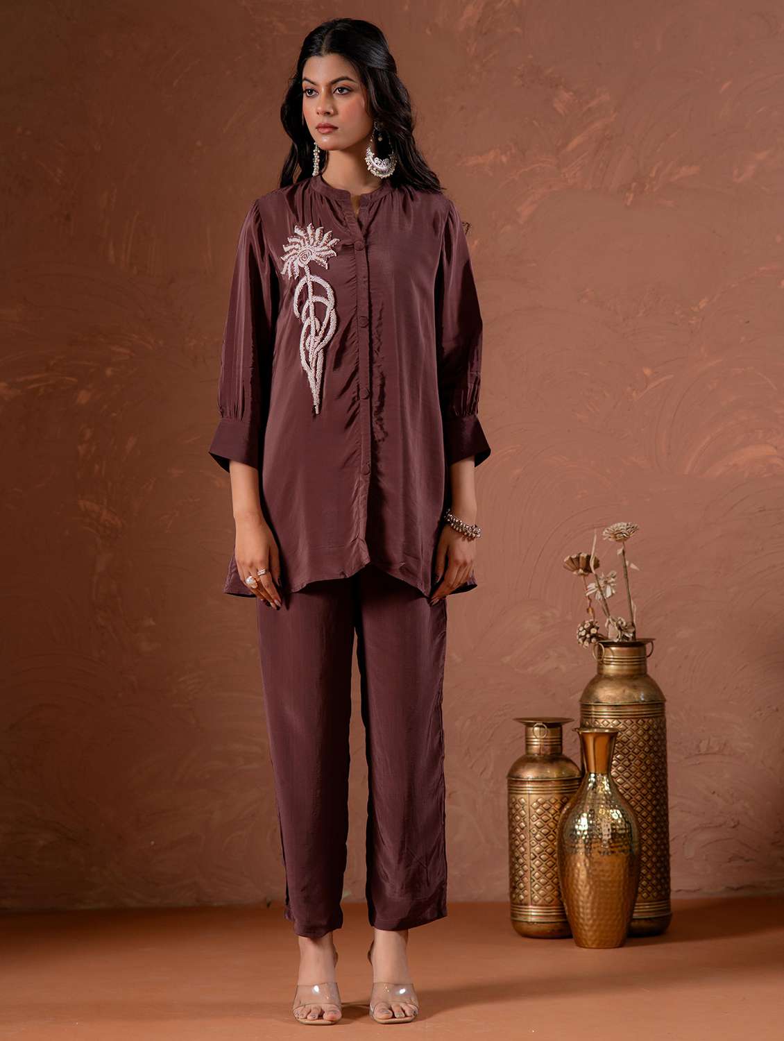 women solid with work three quarter sleeve ethnic co-ord set