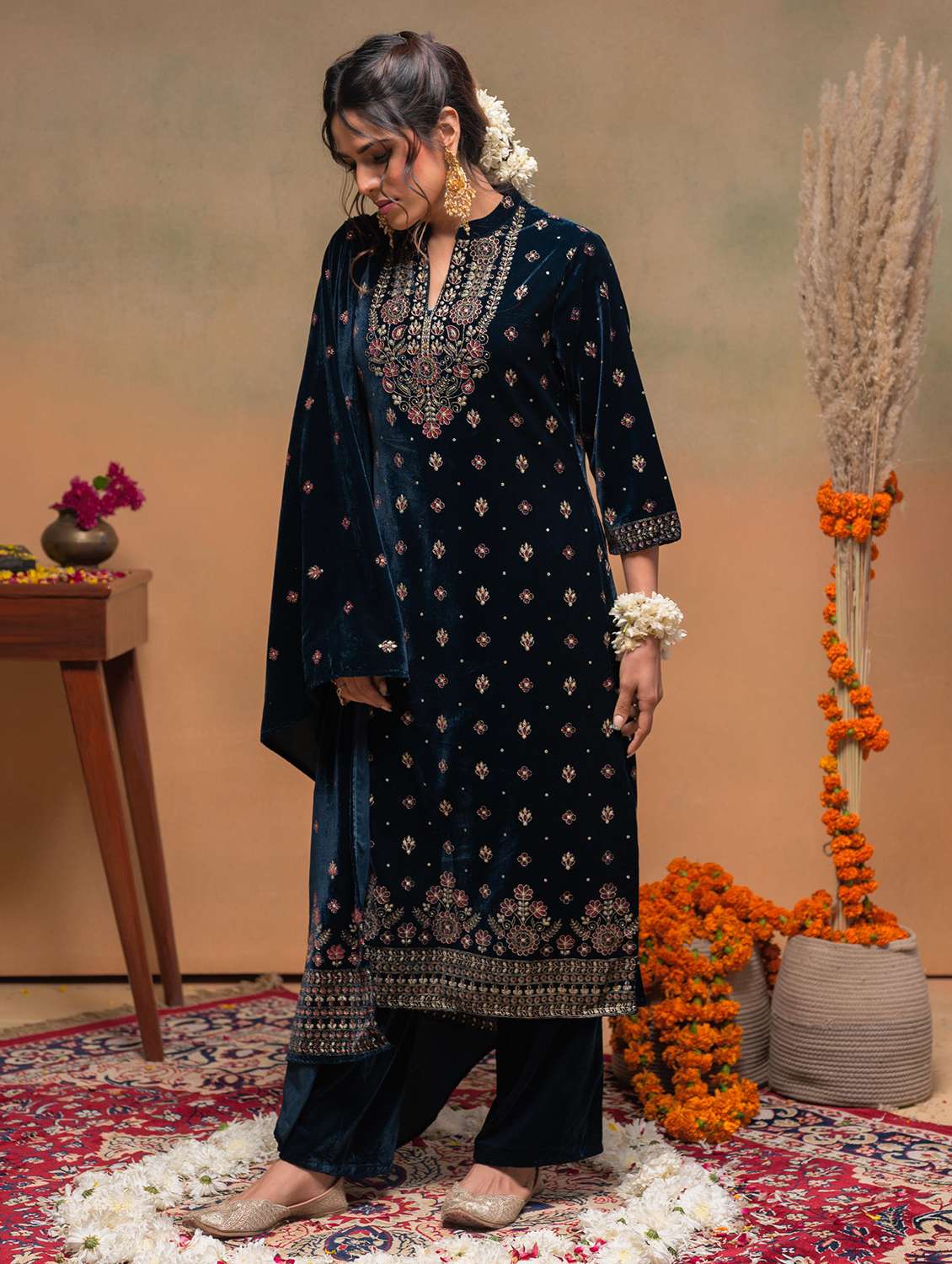 women solid with work mandarin neck kurta pant with dupatta set - 22316882 -  Standard Image - 2