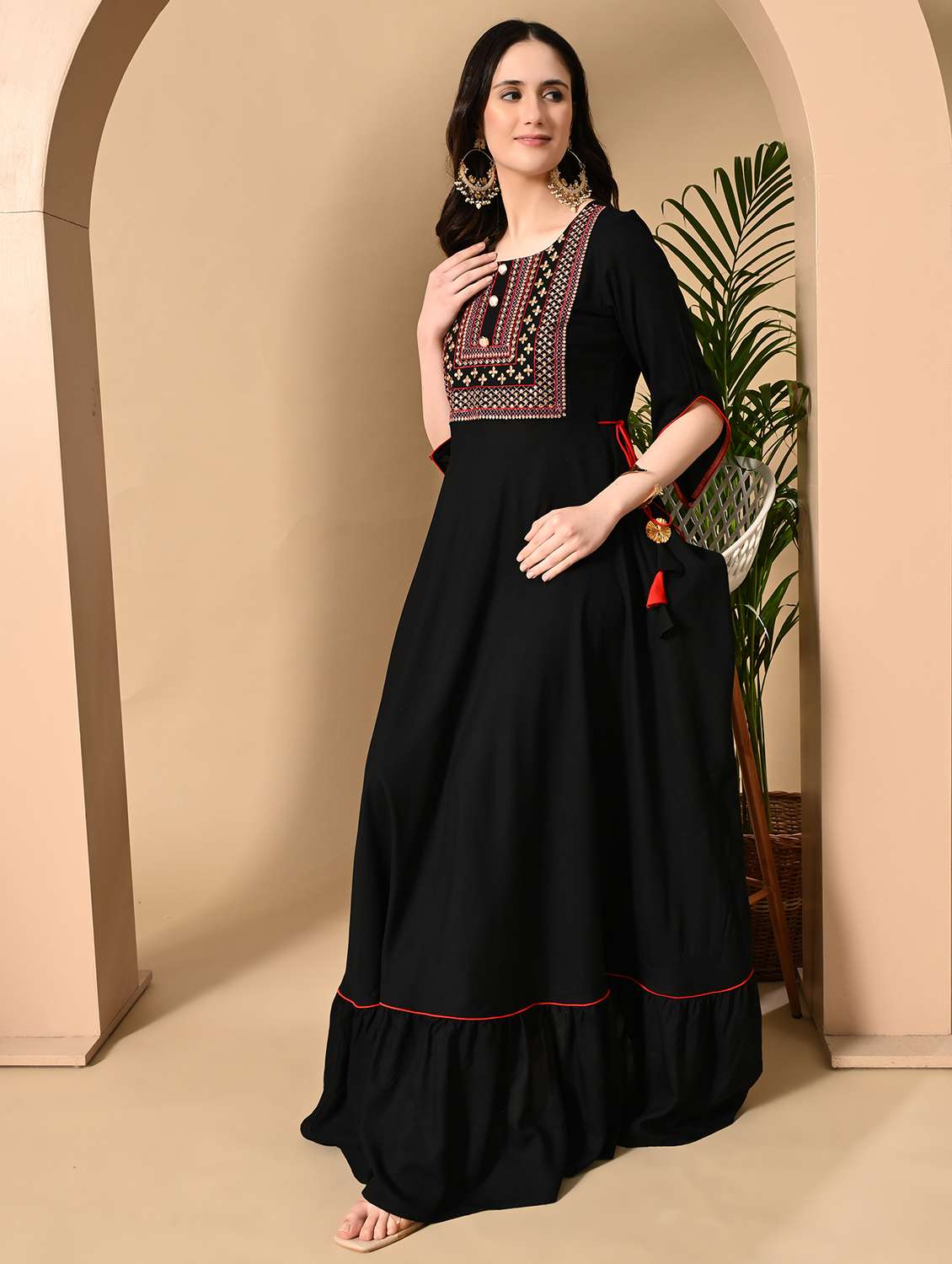women solid with work three quarter sleeve ethnic dress - 22316899 -  Standard Image - 2