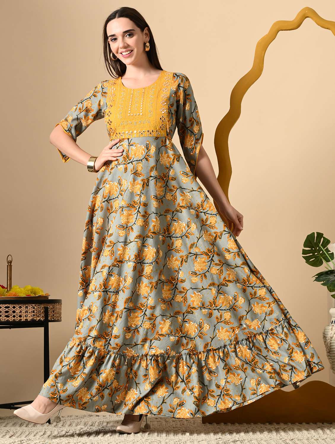 women floral printed three quarter sleeve ethnic dress - 22316903 -  Standard Image - 2