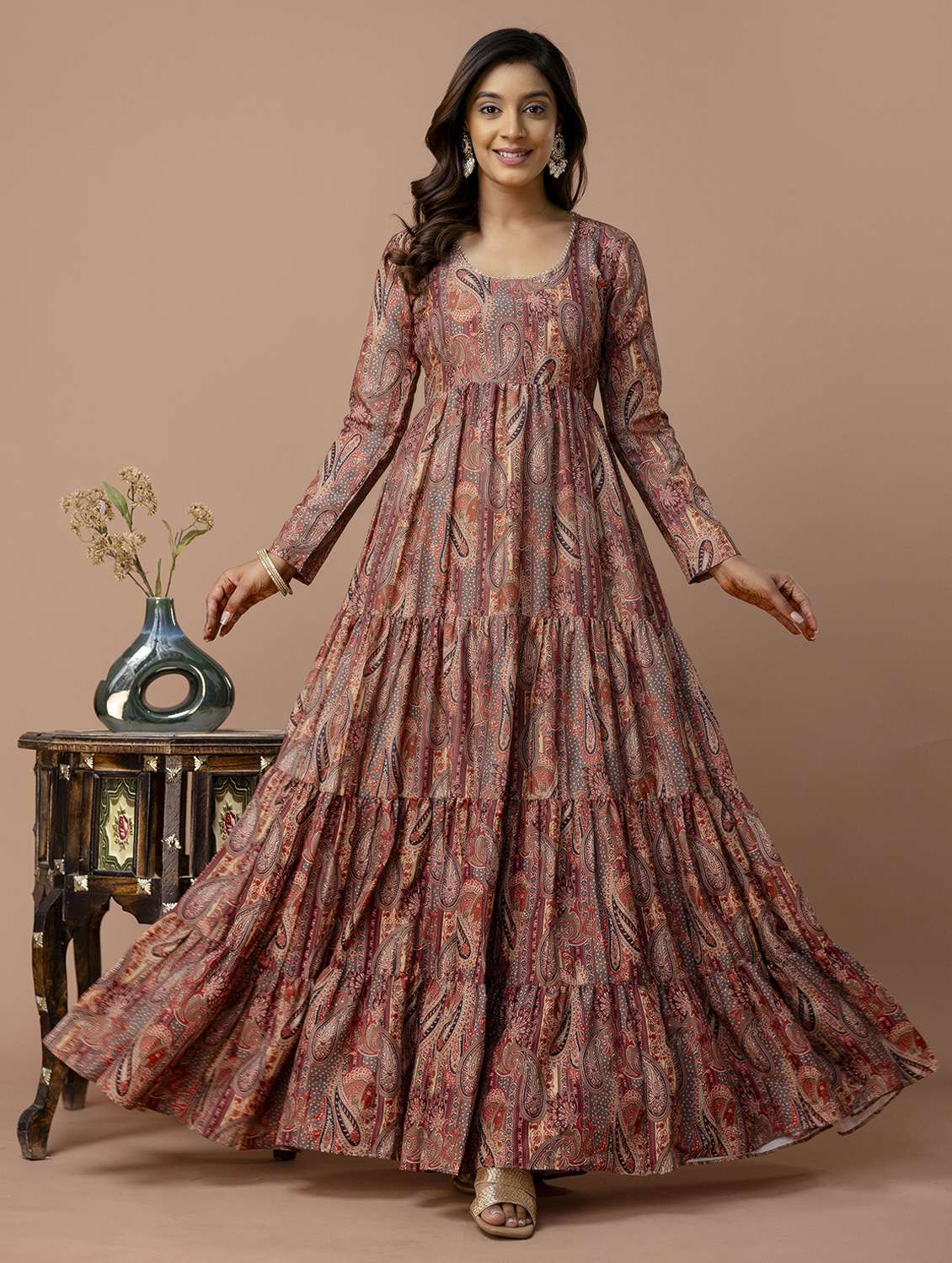 women paisley printed long sleeve ethnic dress - 22316904 -  Standard Image - 2
