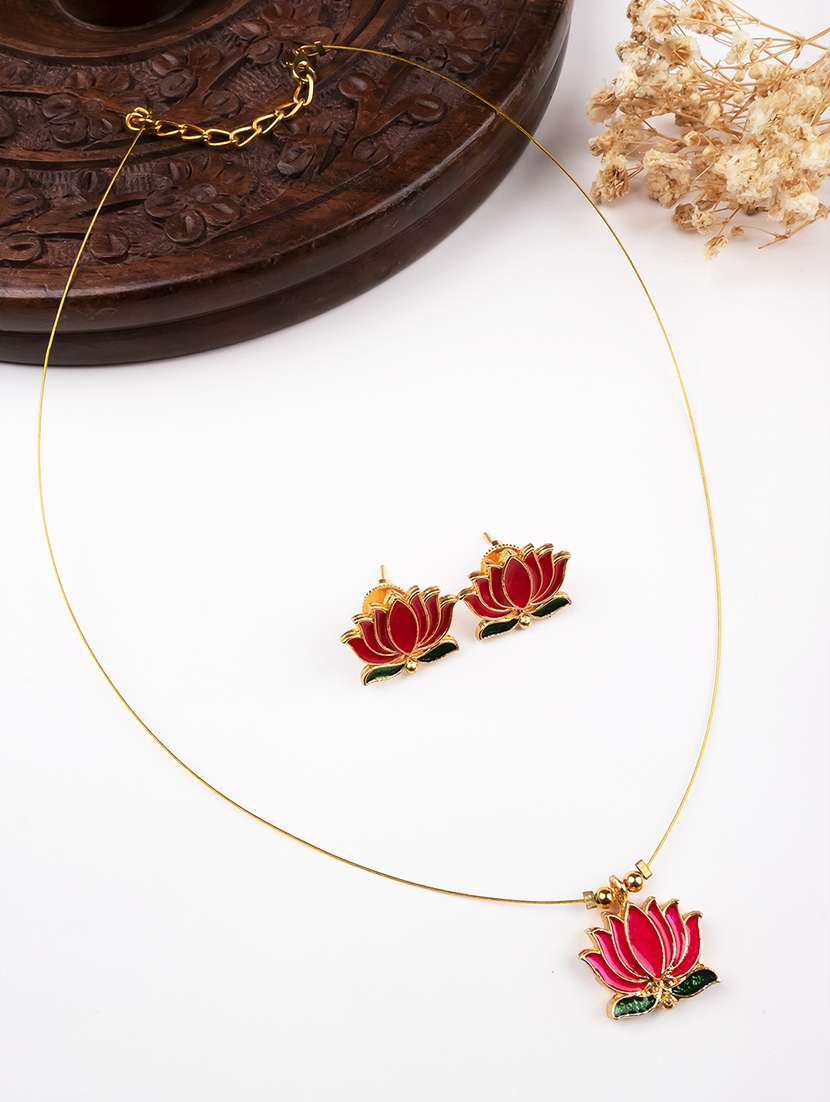 minimal multicolor lotus motif pendant set with invisible chain