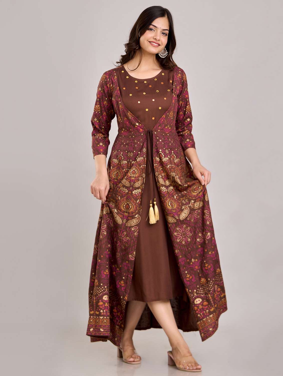 women printed three quarter sleeve ethnic dress - 22316958 -  Standard Image - 2