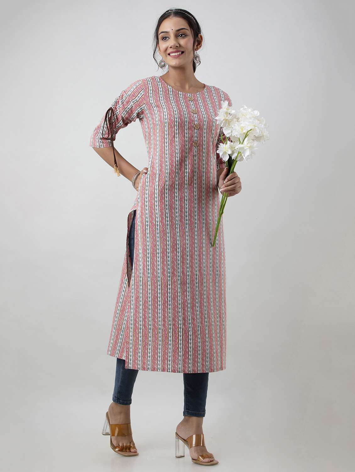 women printed three quarter sleeve straight kurta