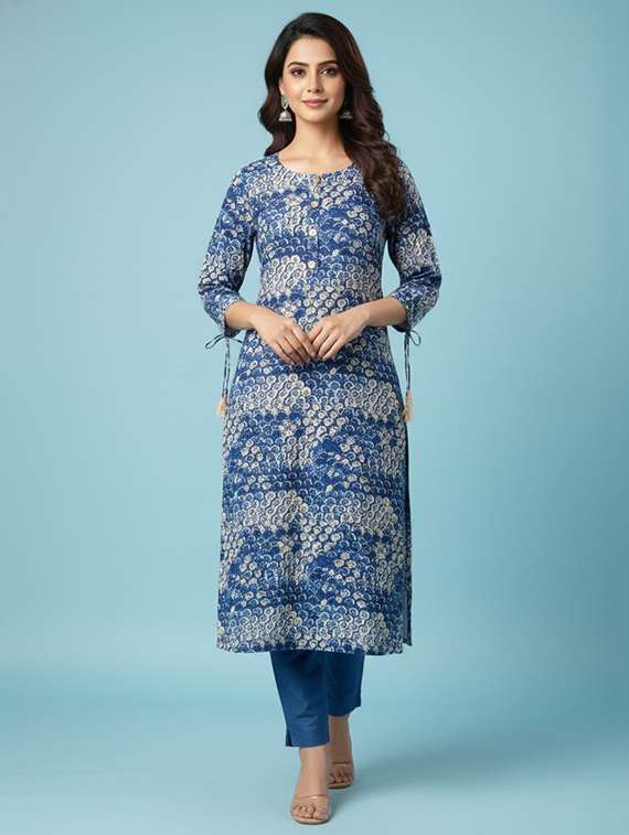 women printed three quarter sleeve straight kurta
