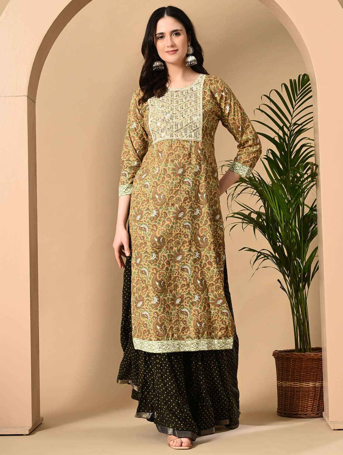 women printed three quarter sleeve straight kurta