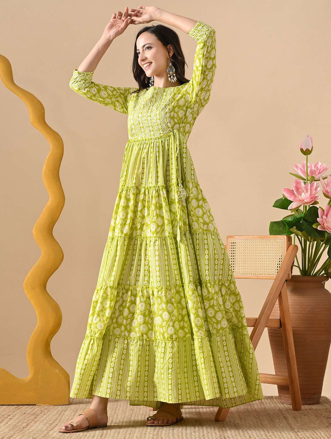 women printed three quarter sleeve ethnic dress - 22316977 -  Standard Image - 2