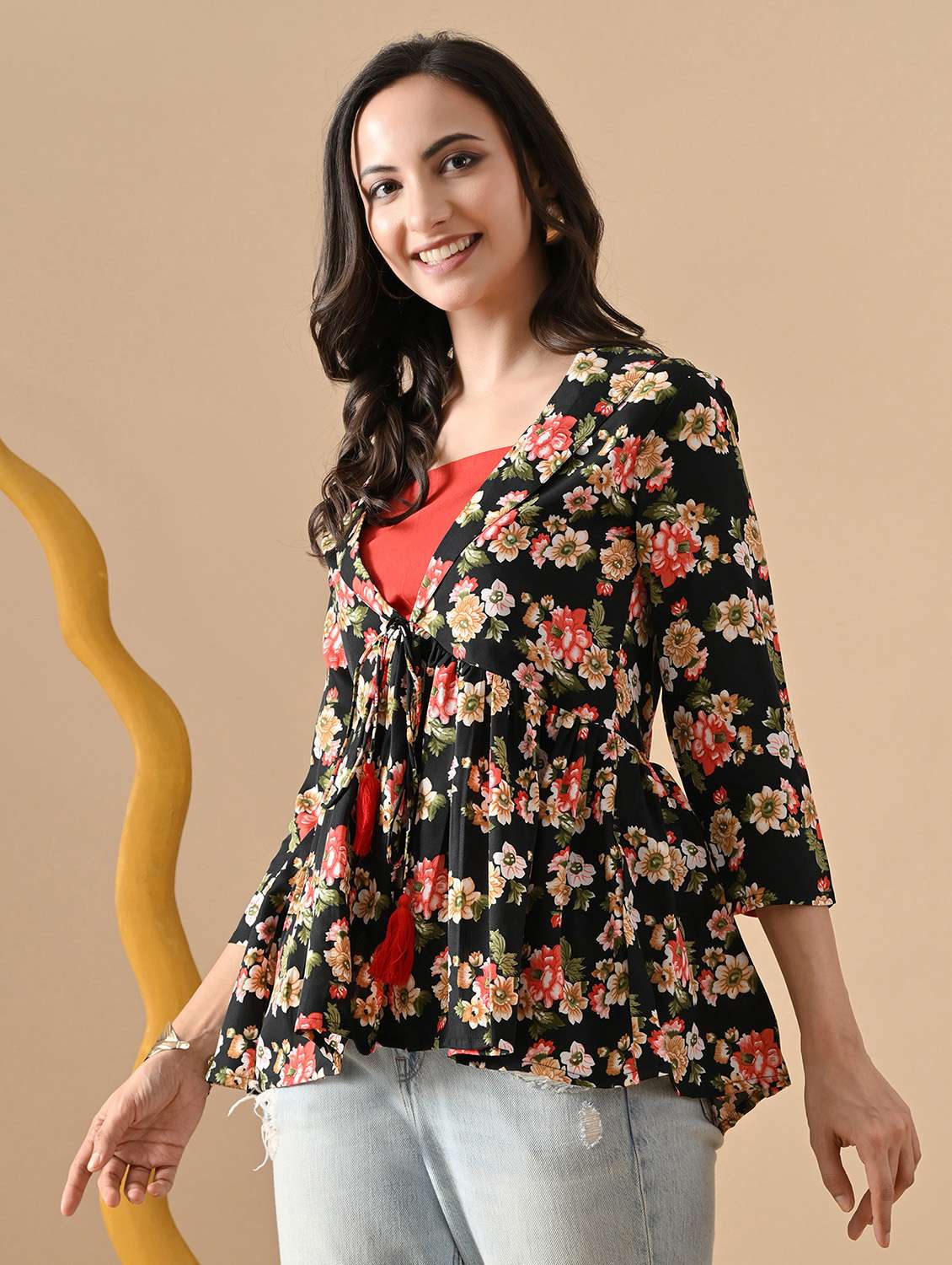 women floral three quarter sleeve ethnic top - 22316979 -  Standard Image - 2