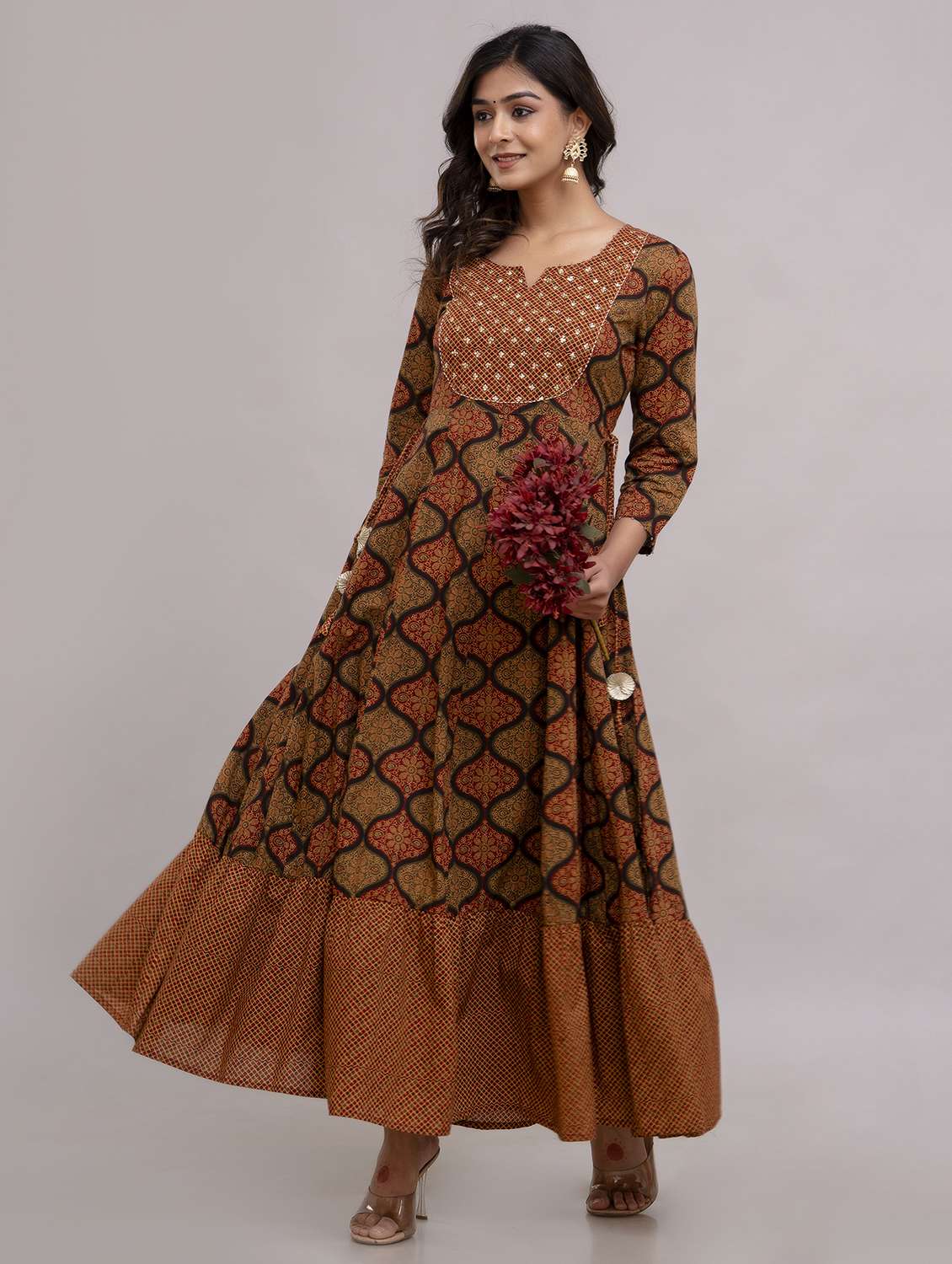 women printed three quarter sleeve ethnic dress - 22316980 -  Standard Image - 2