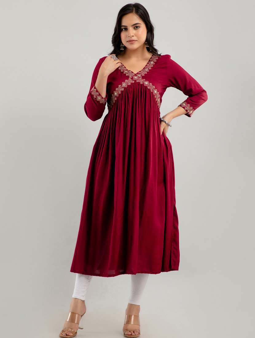 women solid with work three quarter sleeve a-line kurta - 22316982 -  Standard Image - 2