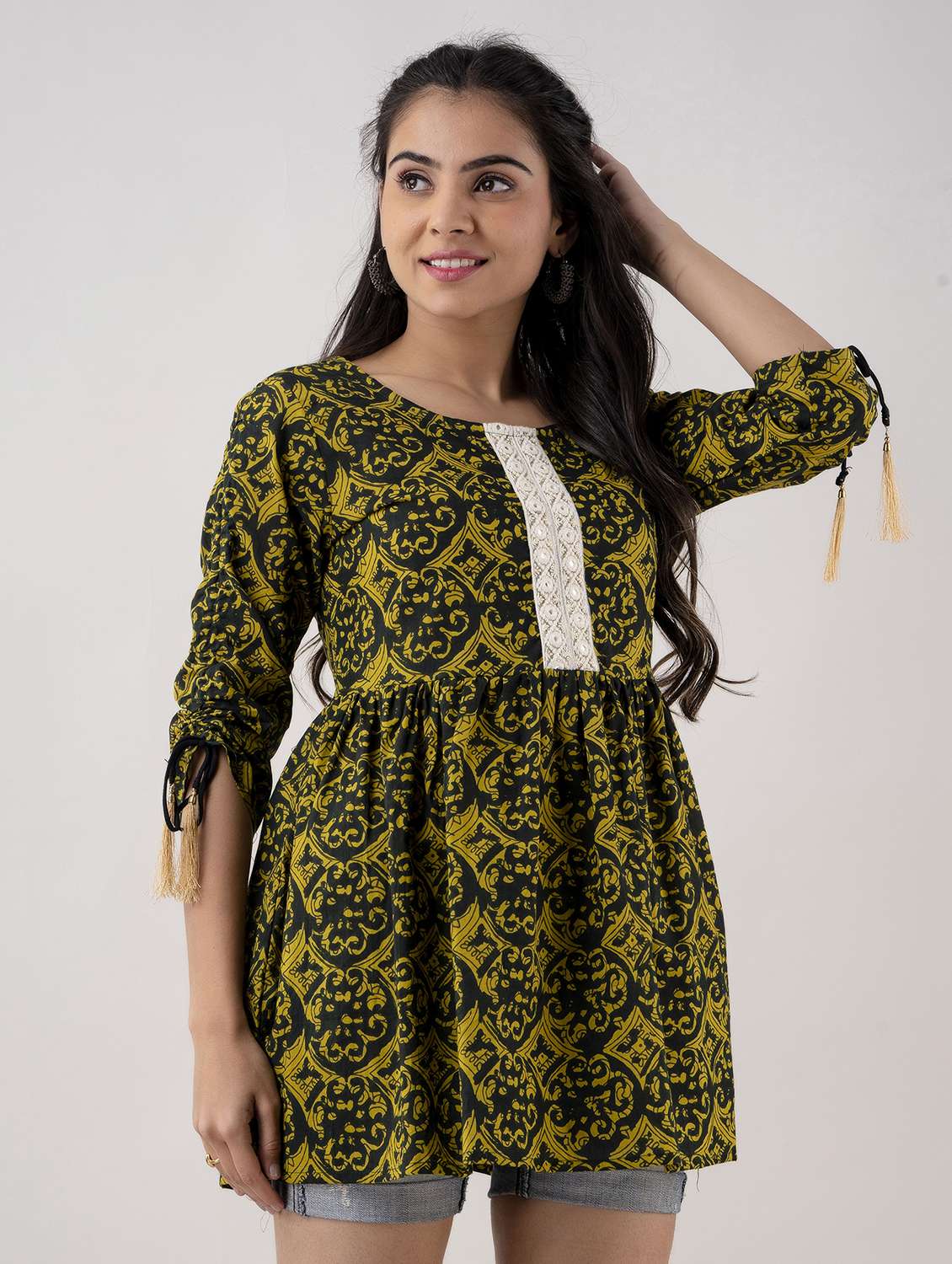 women printed three quarter sleeve ethnic top - 22316984 -  Standard Image - 2