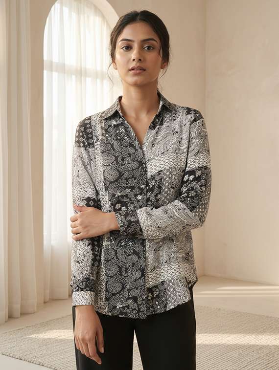 women printed collared long sleeve shirt