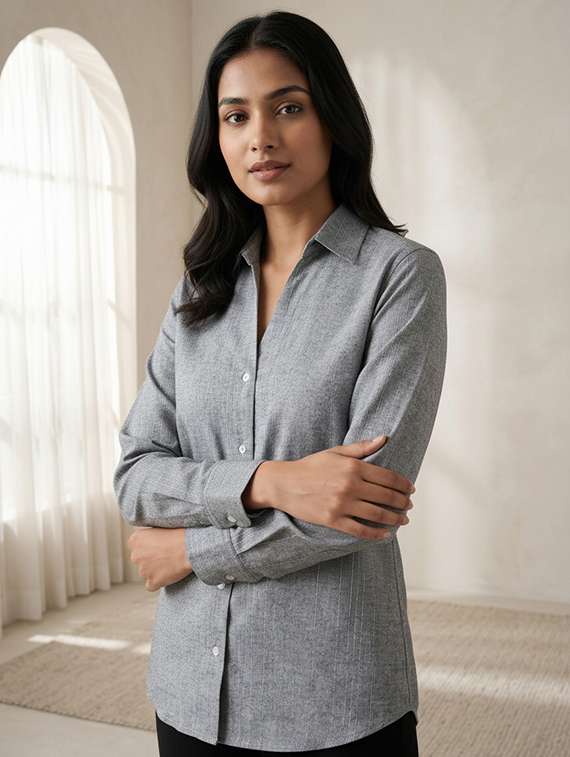 women solid collared long sleeve shirt