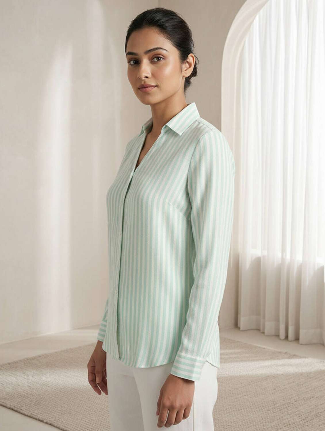women striped collared long sleeve shirt - 22317013 -  Standard Image - 2