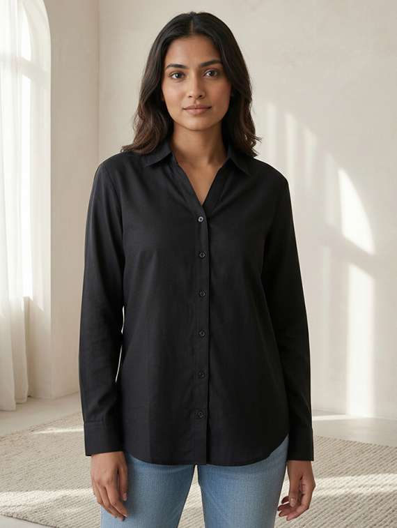 women solid collared long sleeve shirt - 22317014 -  Standard Image - 2