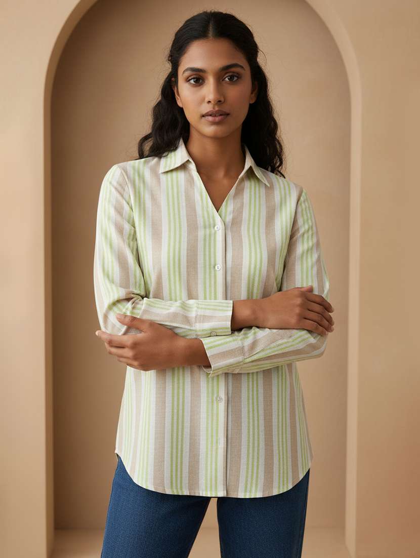 women striped collared long sleeve shirt