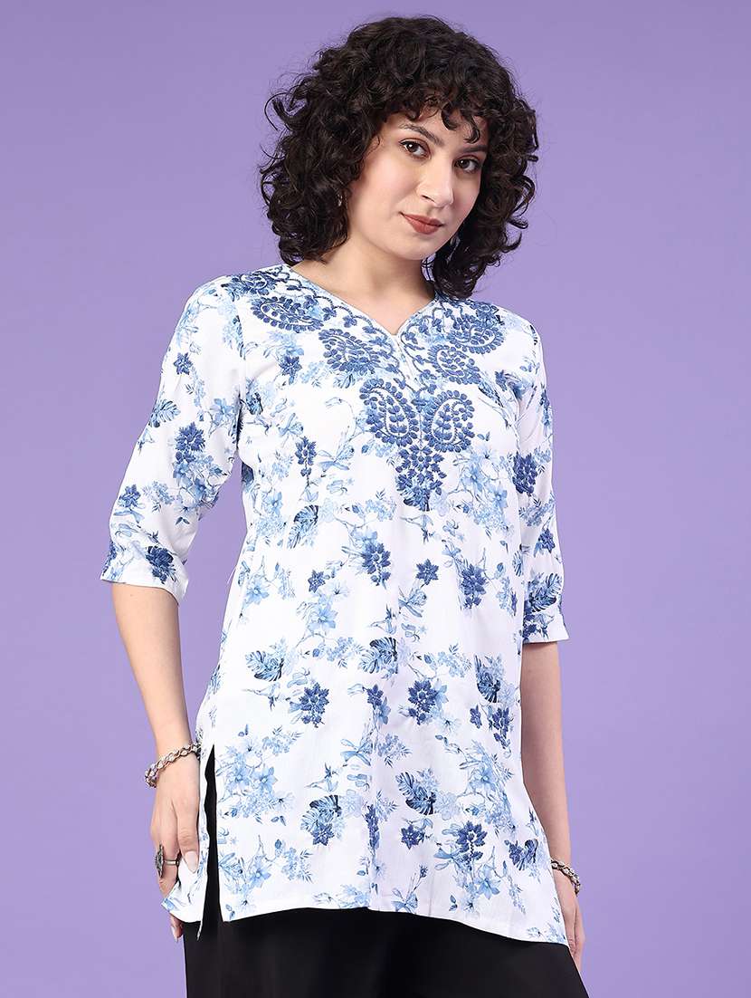 women floral three quarter sleeve straight kurti - 22317111 -  Standard Image - 2