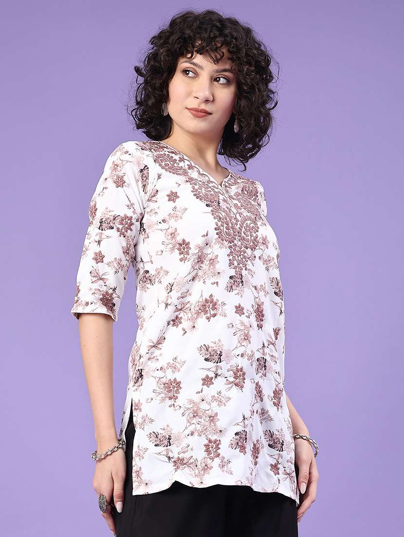 women floral three quarter sleeve straight kurti - 22317112 -  Standard Image - 2