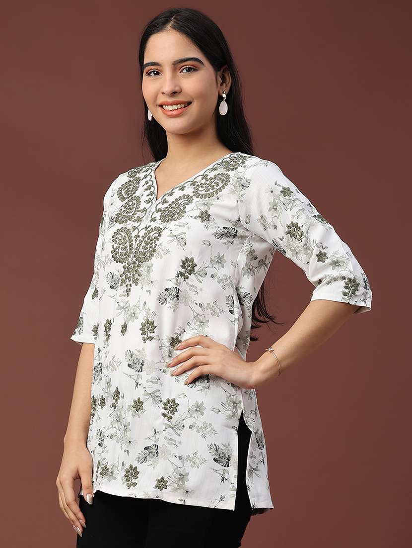 women floral three quarter sleeve straight kurti - 22317114 -  Standard Image - 2