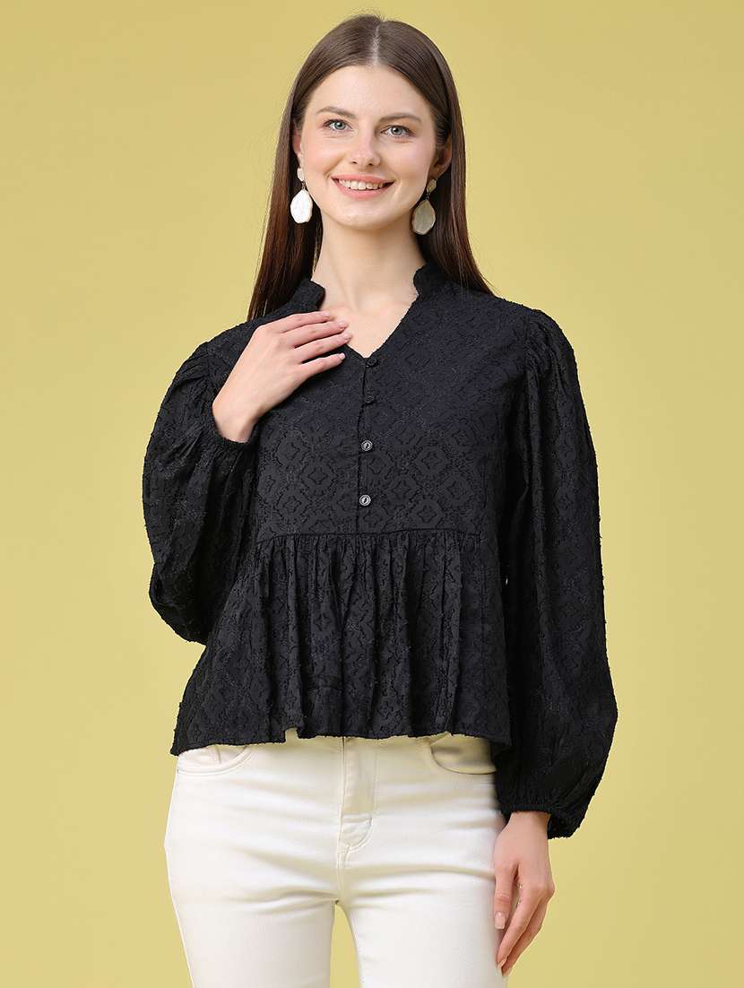 women self design long sleeves peplum top - 22317204 -  Standard Image - 2