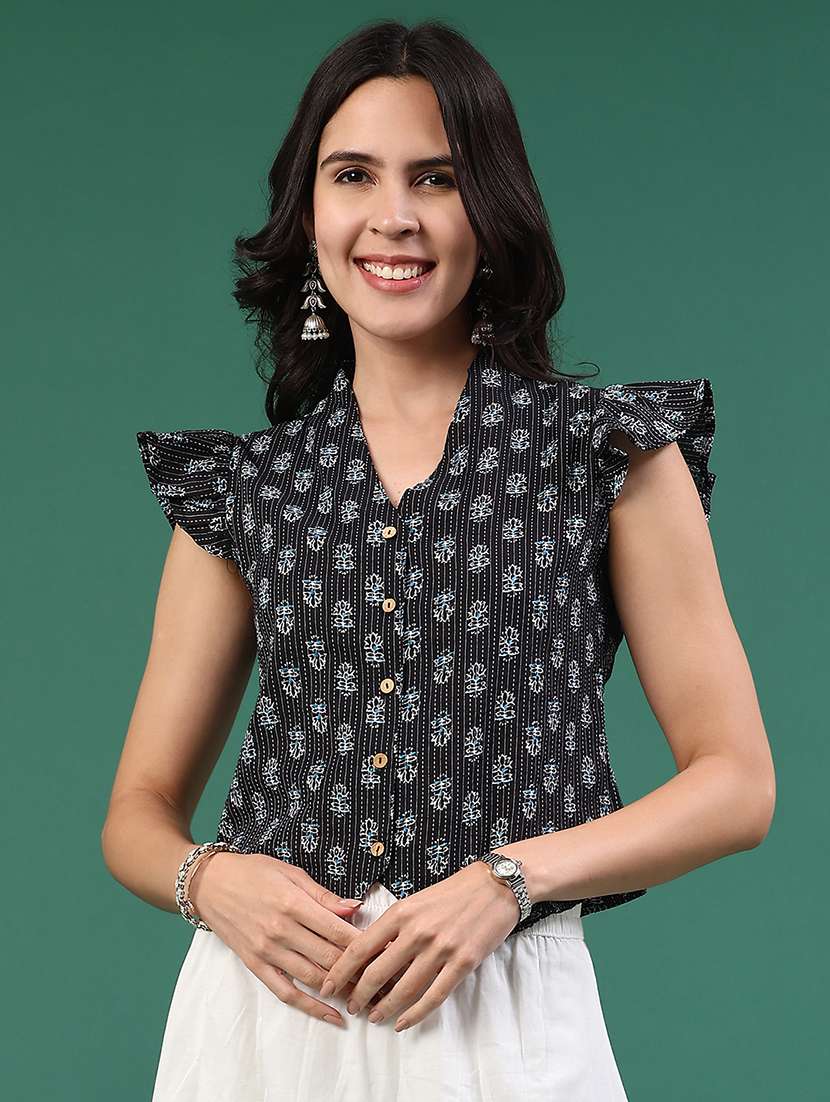 women printed flutter sleeves regular top