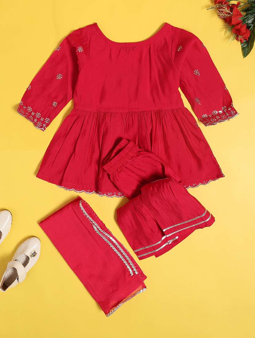 girls embroidered three quarter sleeve kurta sharara with dupatta set - 22317380 -  Standard Image - 2