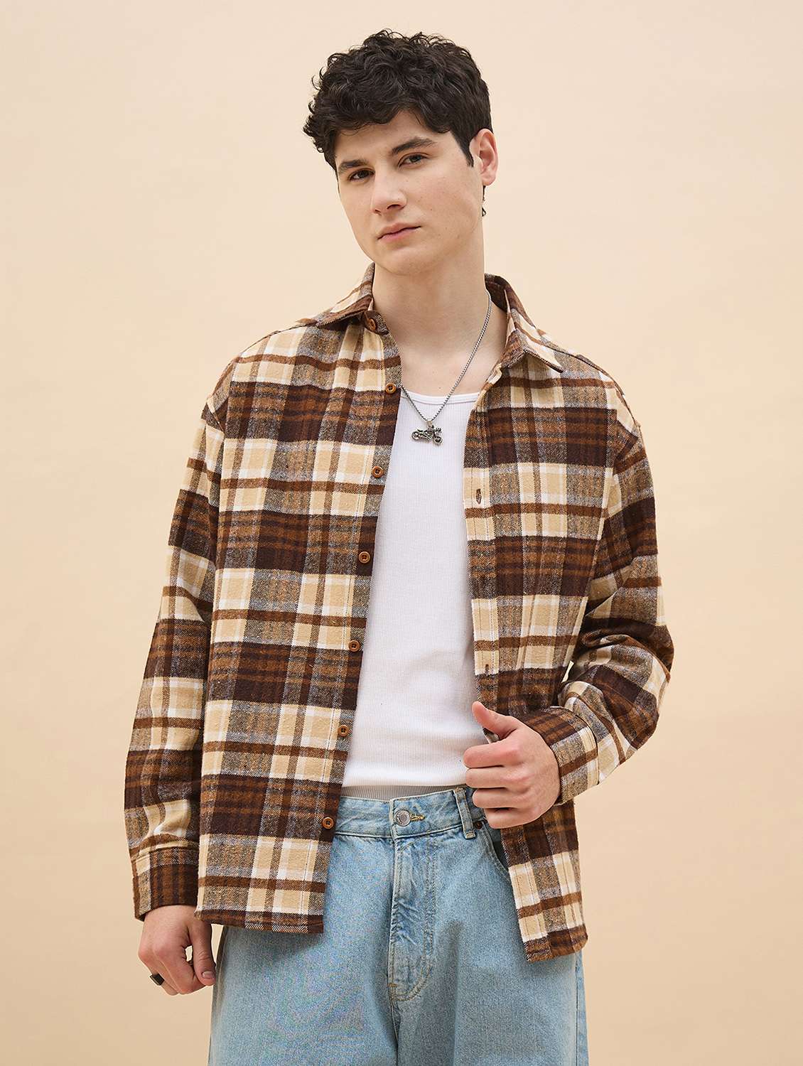 men checkered long sleeve oversized casual shirt