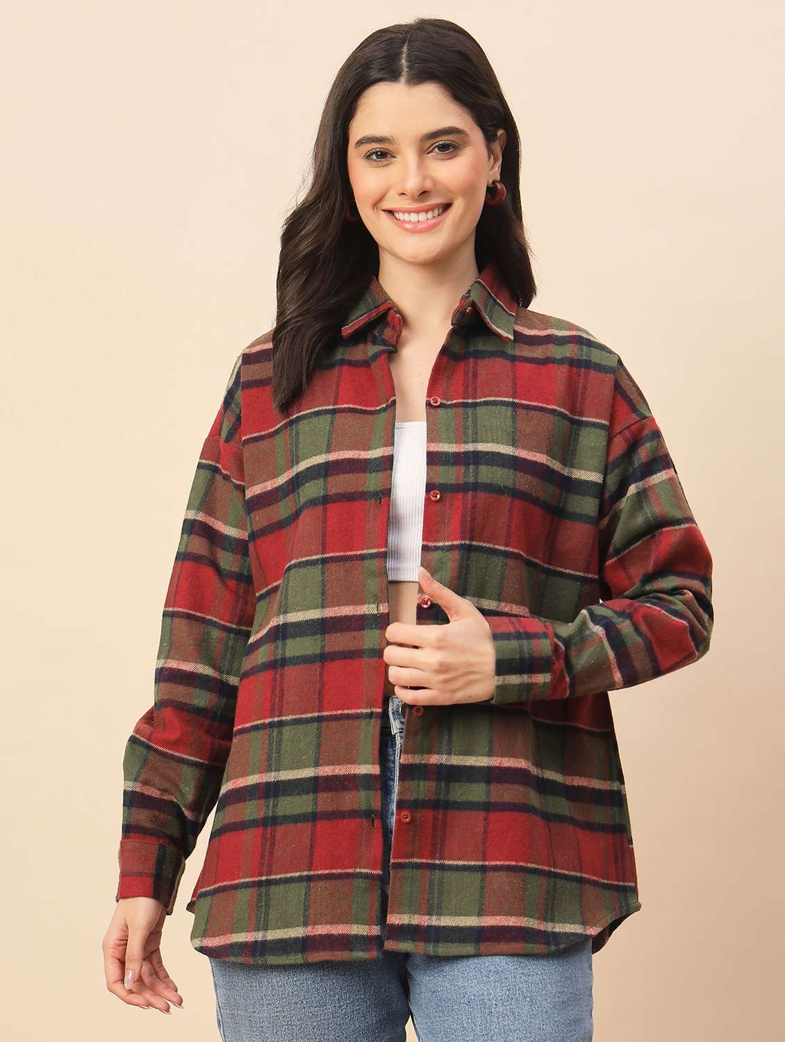 Women Checkered Long Sleeve Oversized Shacket - 22317423 -  Standard Image - 2