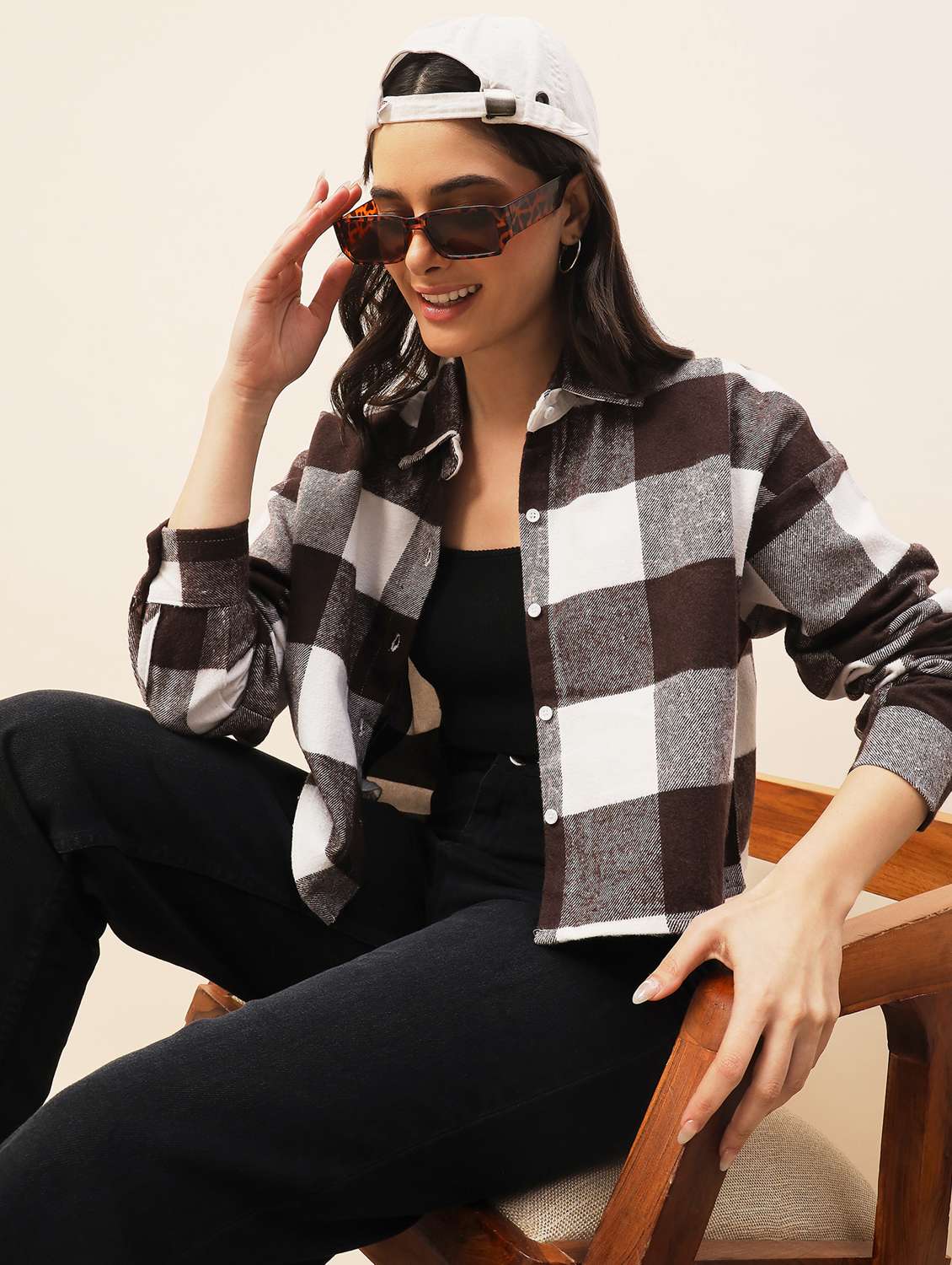 women checkered long sleeve cropped shacket