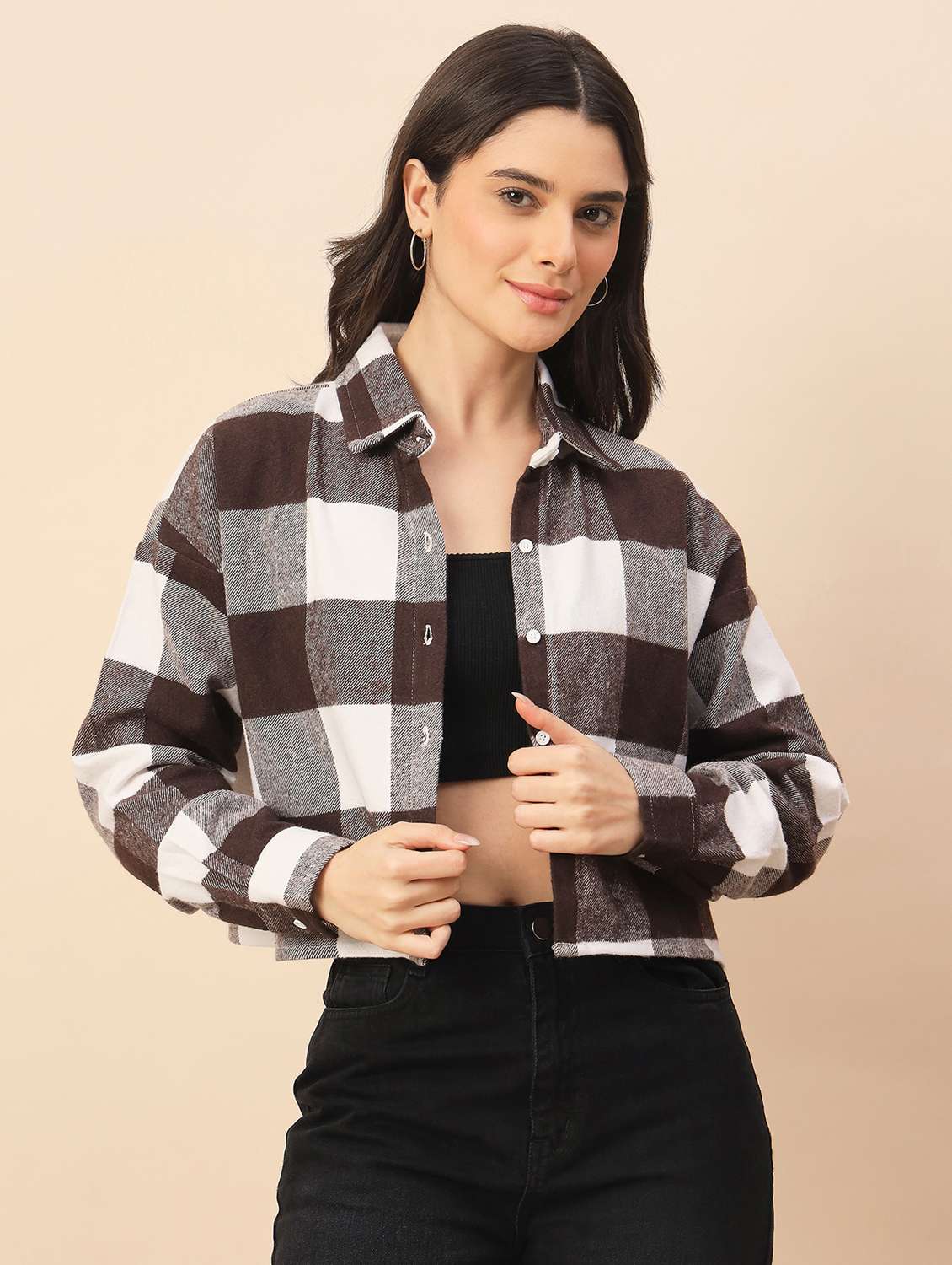 women checkered long sleeve cropped shacket - 22317426 -  Standard Image - 2