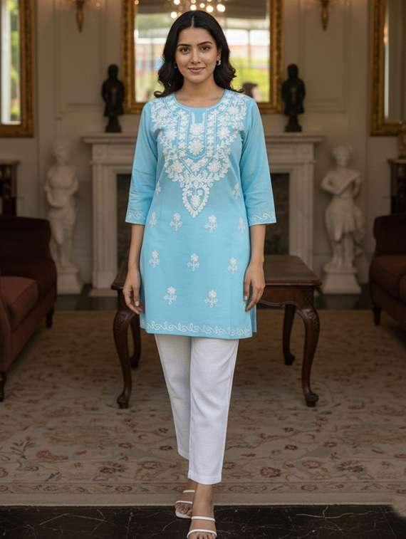 women solid with work three quarter sleeve straight kurta