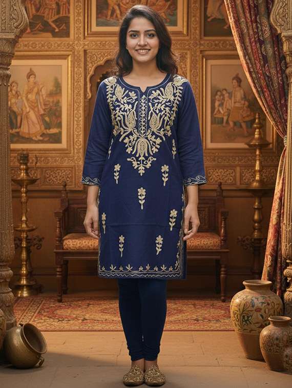 women solid with work three quarter sleeve straight kurta