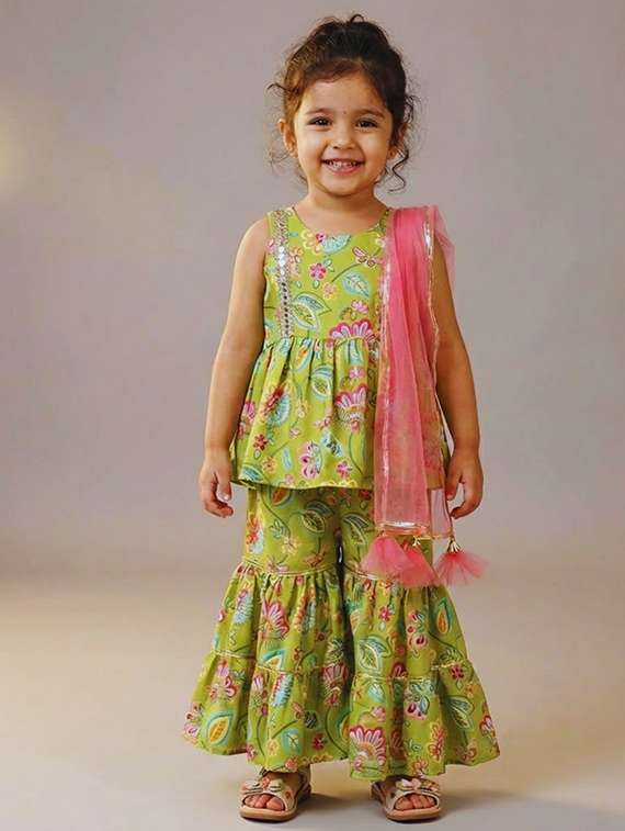 girls printed kurta and sharara set with dupatta