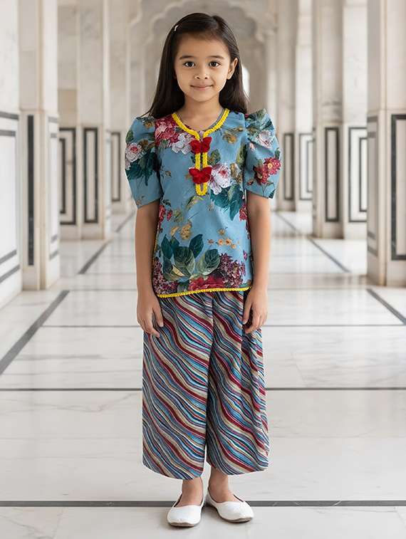 girls printed kurta and palazzo set