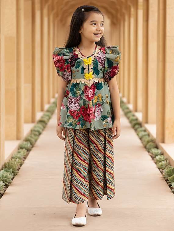 girls printed kurta and palazzo set
