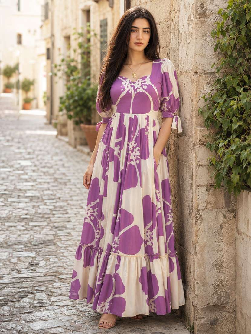 women floral print puff sleeve tiered dress