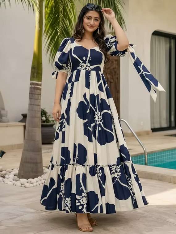 women printed puff sleeve tiered dress