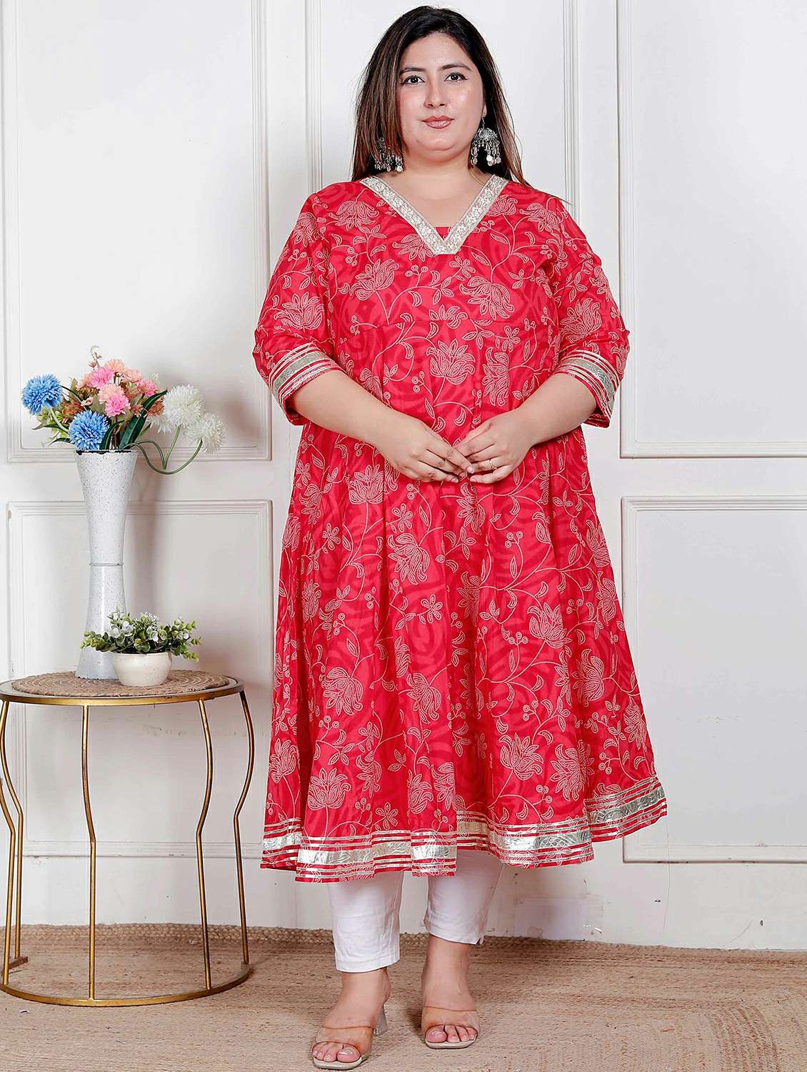 women plus size floral three quarter sleeve anarkali kurta