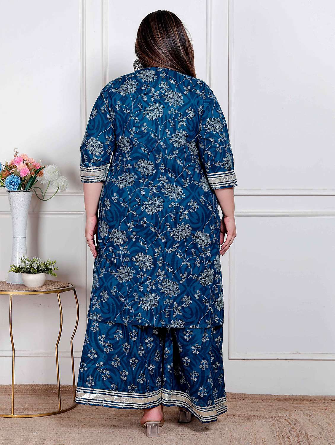 women plus size floral three quarter sleeve kurta palazzo set - 22317760 -  Standard Image - 2