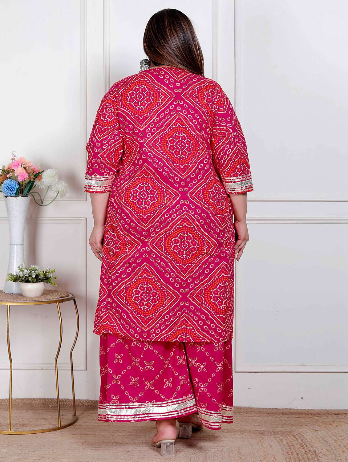 Women Plus Size Bandhani Three Quarter Sleeve Kurta Palazzo With Dupatta Set - 22317768 -  Standard Image - 2