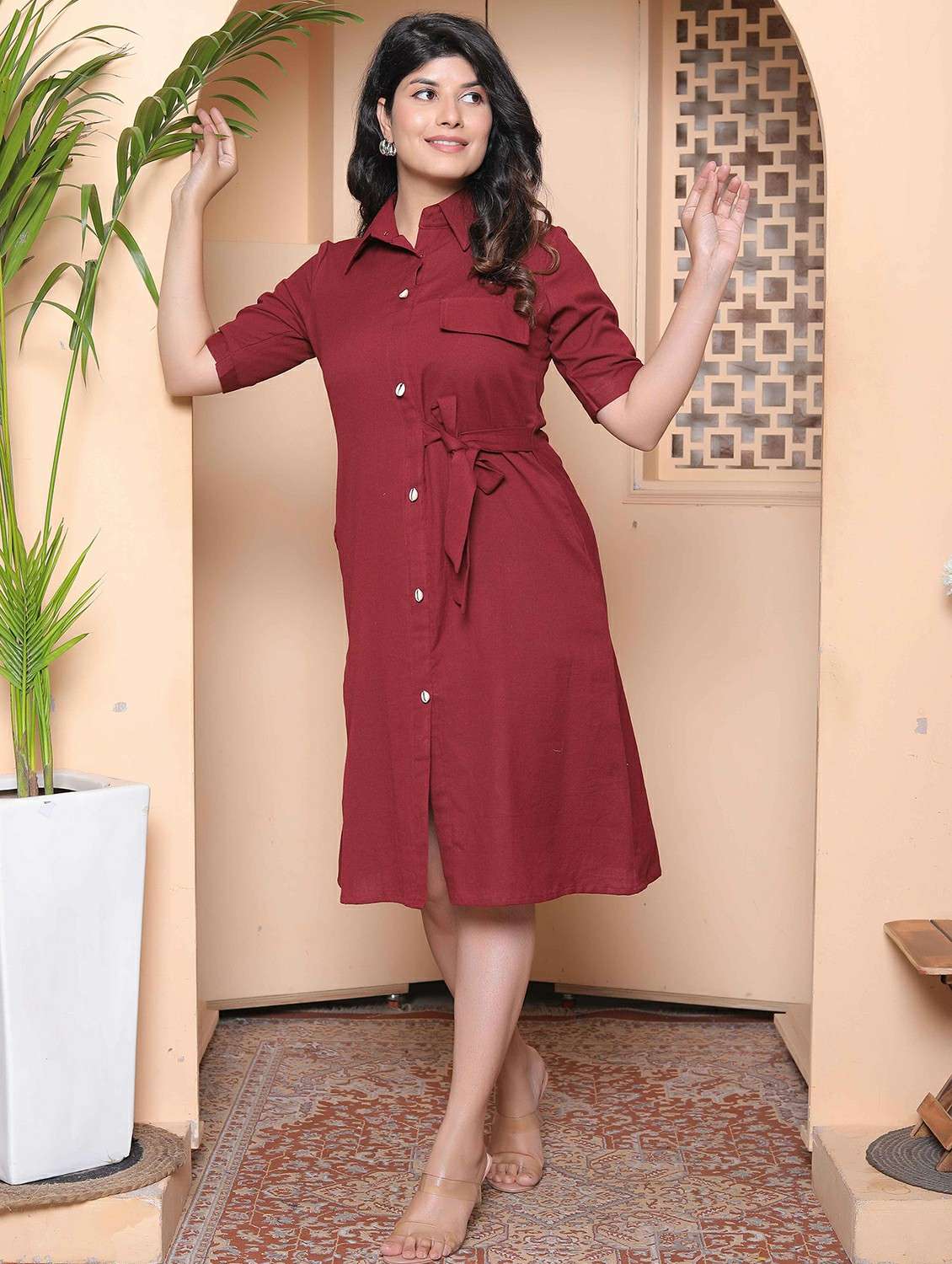 women solid collared short sleeve shirt dress - 22317786 -  Standard Image - 2