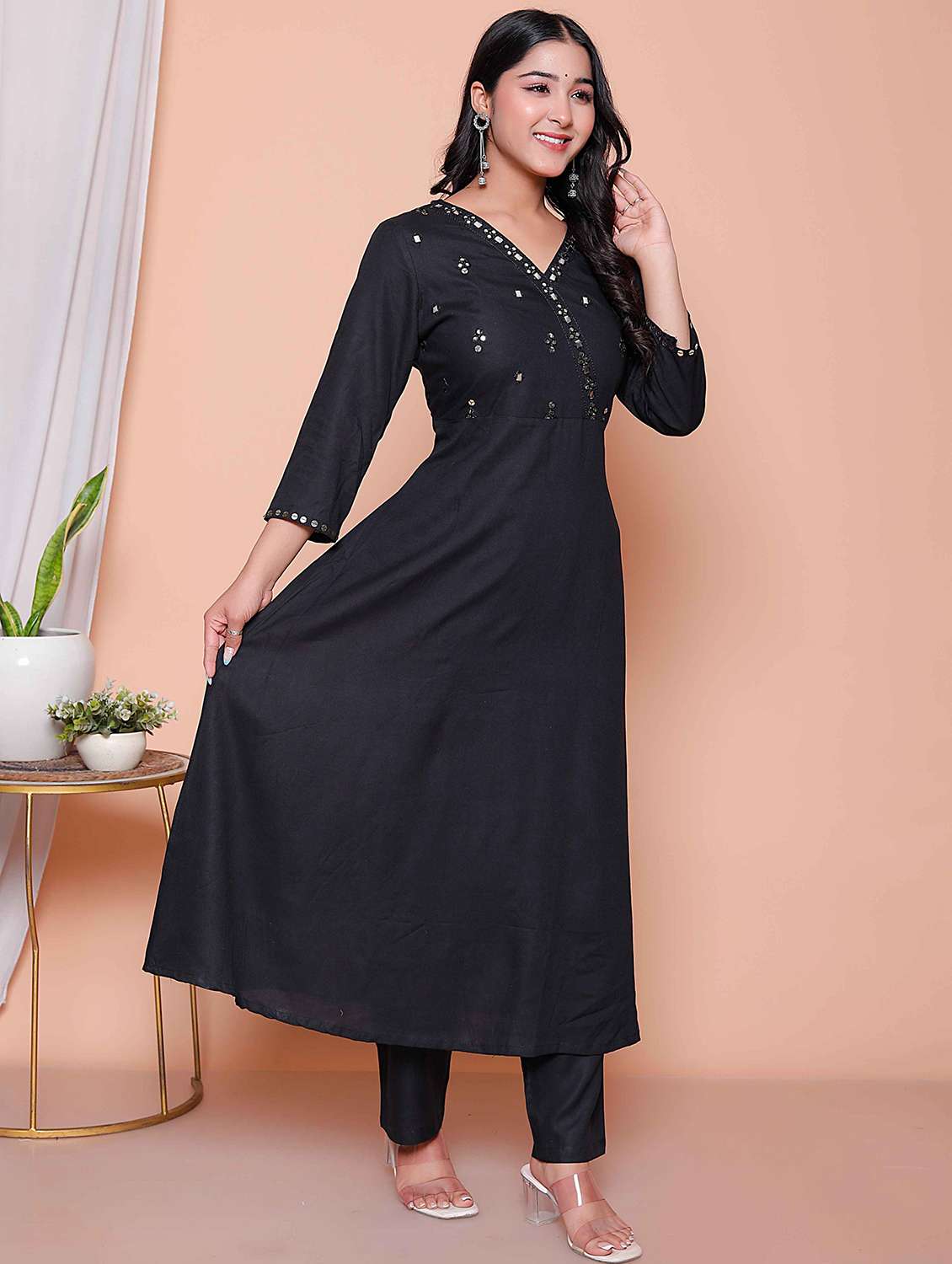 Women Solid With Work Three Quarter Sleeve Kurta Pant Set - 22317787 -  Standard Image - 2