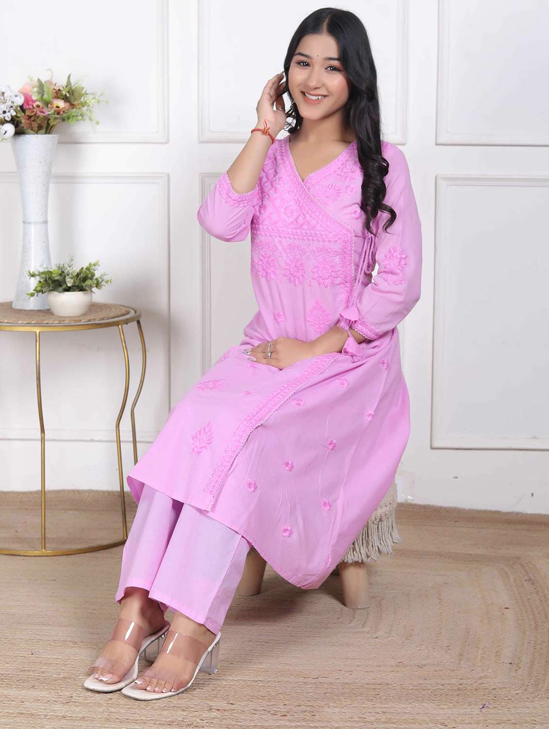 women solid with work three quarter sleeve kurta pant set - 22317792 -  Standard Image - 2