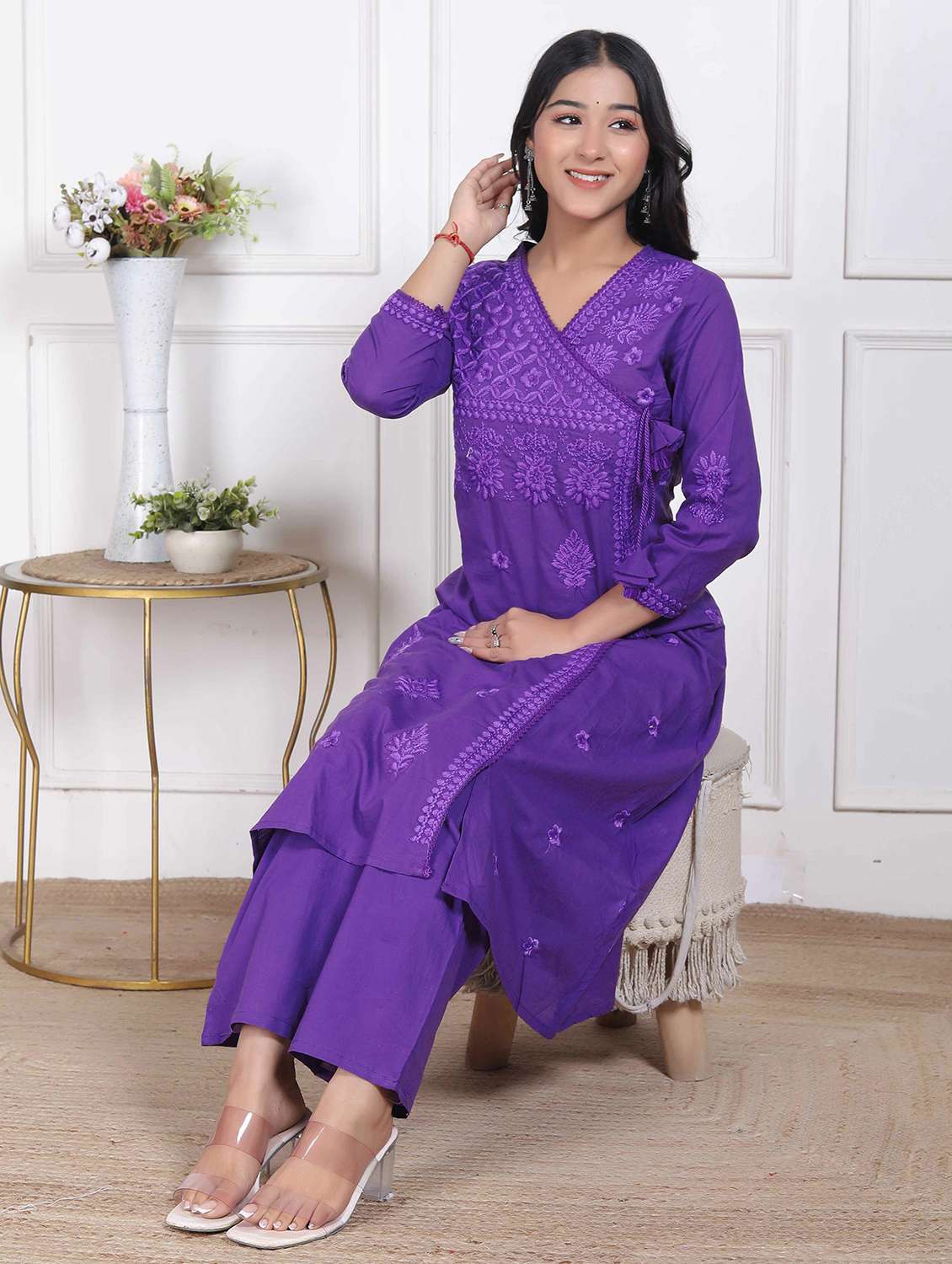women solid with work three quarter sleeve kurta pant set - 22317794 -  Standard Image - 2
