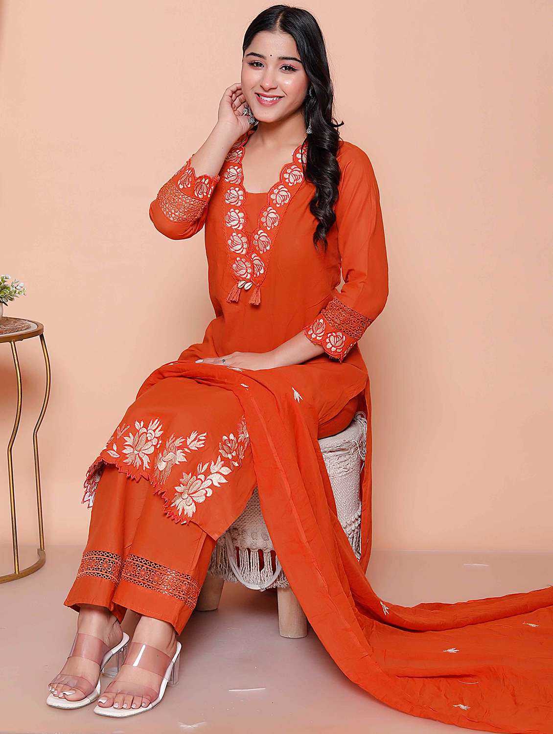 women solid with work three quarter sleeve kurta pant with dupatta set - 22317796 -  Standard Image - 2