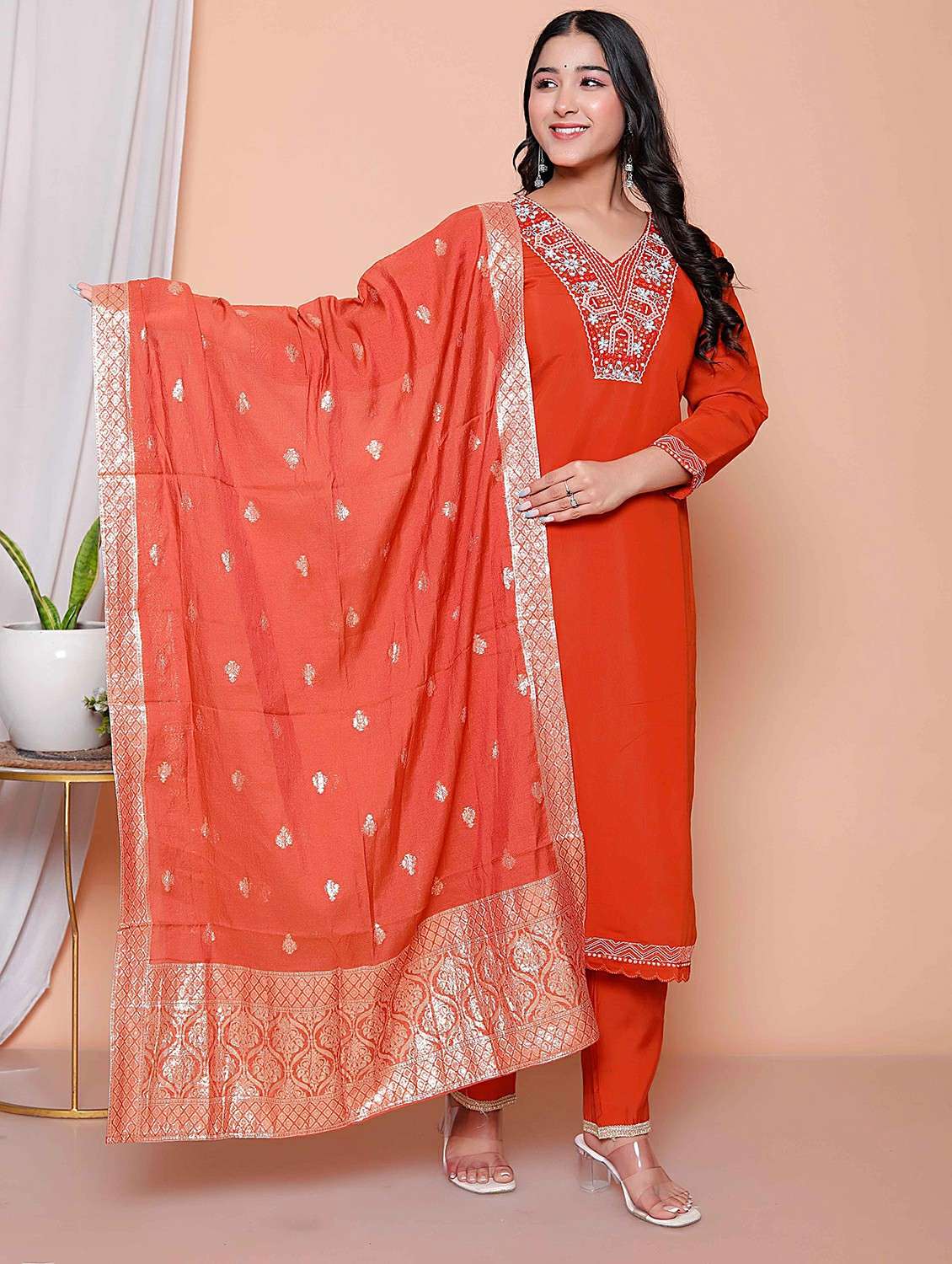 women solid with work three quarter sleeve kurta pant with dupatta set - 22317800 -  Standard Image - 2
