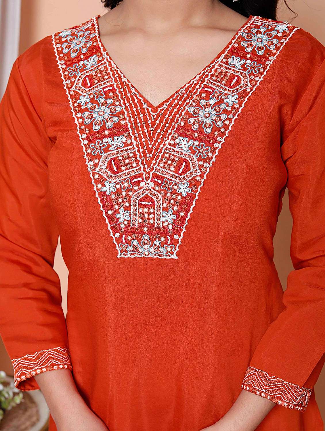 women solid with work three quarter sleeve kurta pant with dupatta set - 22317800 -  Standard Image - 7